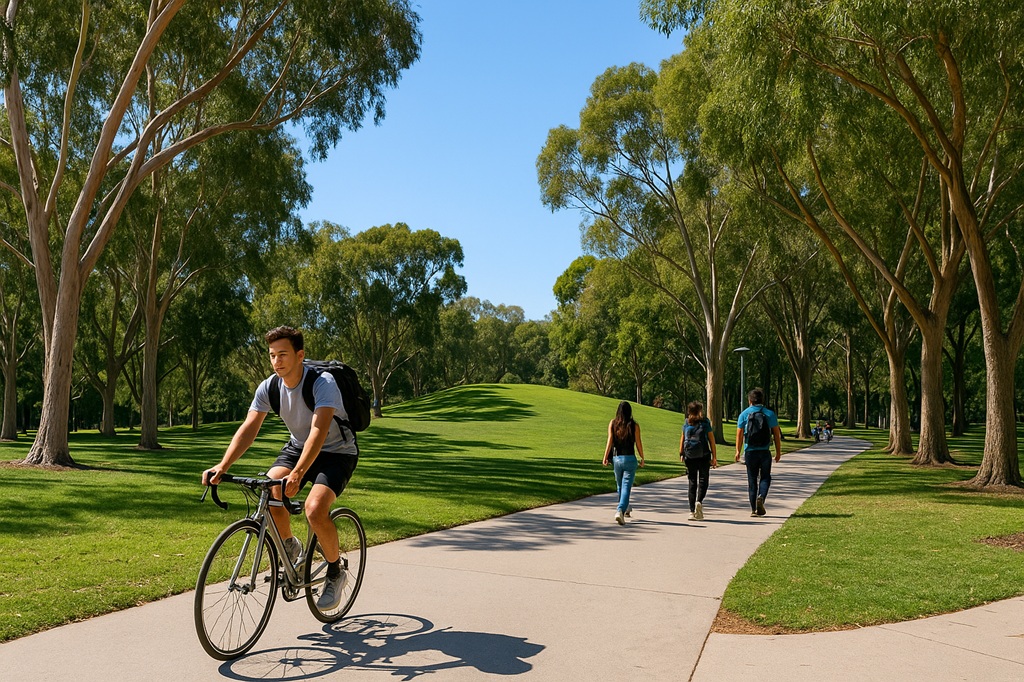 Bike paths and walking areas around Aldrich Park at UCI